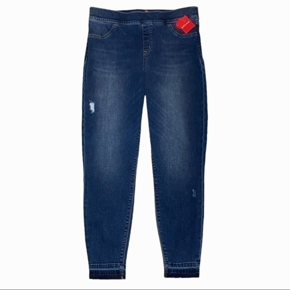 Spanx Size Medium lightly distressed slimming sculpting skinny jeans medium wash